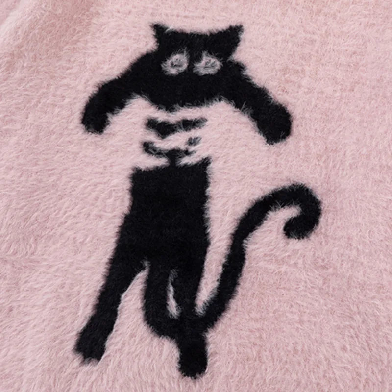 Loose Men's Sweater Spring New Cat Printing Mohair Round Neck Pullover Sweaters Trendy American Style Clothing 9W1466