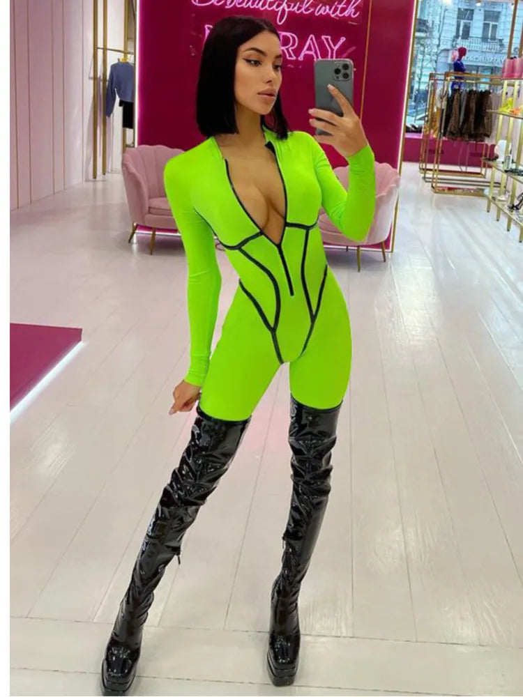 Sexy Zipper Women Jumpsuit Long Sleeve Bandage Tights Solid Jumpsuits Female Party Bodycon Stretch Sporty & Leisure