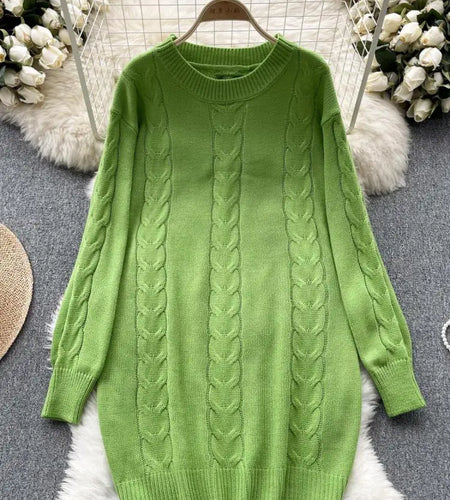 Retro Women Solid Round Neck Medium Length Sweater Autumn Winter Long Sleeve Loose Knitted Pullover Tops Casual Trend Simplicity