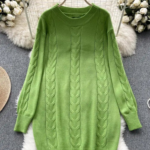 Load image into Gallery viewer, Retro Women Solid Round Neck Medium Length Sweater Autumn Winter Long Sleeve Loose Knitted Pullover Tops Casual Trend Simplicity

