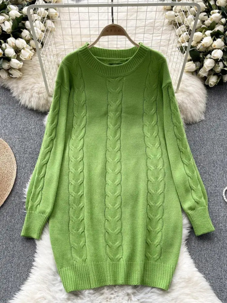 Retro Women Solid Round Neck Medium Length Sweater Autumn Winter Long Sleeve Loose Knitted Pullover Tops Casual Trend Simplicity