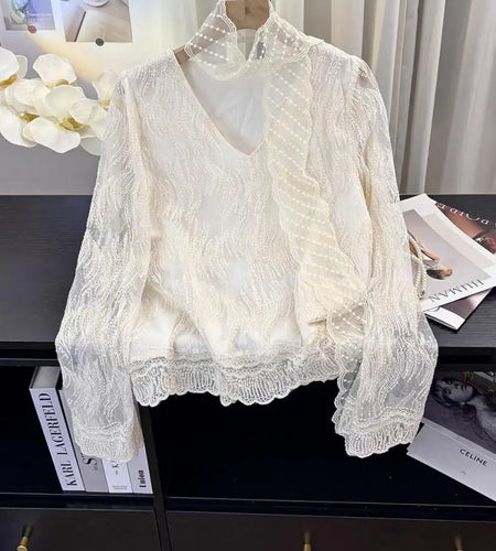 French Vintage Women Beige Lace Embroidery V Neck Long Sleeve Shirt Spring Elegant Holiday Short Tops Popular Versatile Clothes
