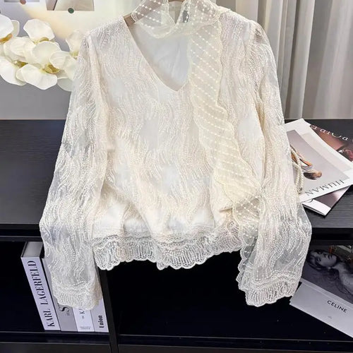 Load image into Gallery viewer, French Vintage Women Beige Lace Embroidery V Neck Long Sleeve Shirt Spring Elegant Holiday Short Tops Popular Versatile Clothes
