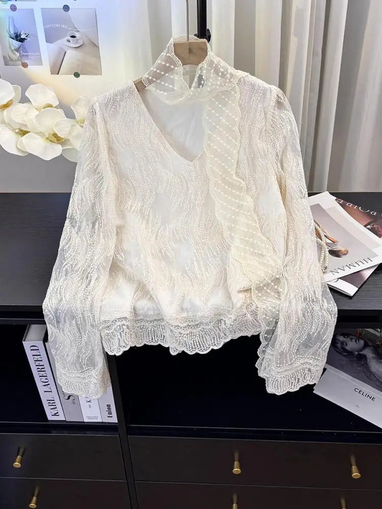 French Vintage Women Beige Lace Embroidery V Neck Long Sleeve Shirt Spring Elegant Holiday Short Tops Popular Versatile Clothes