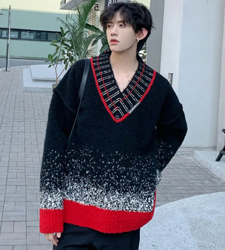 Contrast Color Men's Pullover Sweaters Korean Trend V-neck Male Knitting Pullovers New Stylish Knits Top Spring 2024 9C4140