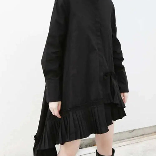 Load image into Gallery viewer, Women Black Pleated Irregular Casual Shirt Dress New Stand Collar Long Sleeve Loose Fit Fashion Spring Autumn 2025 1DF4825
