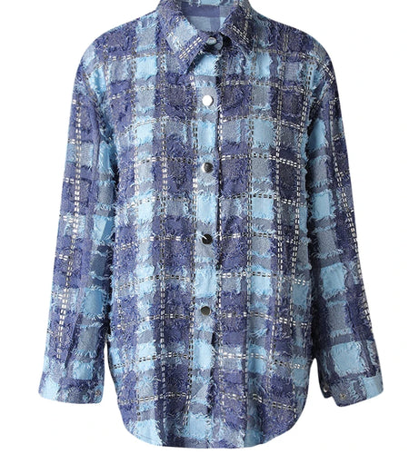 Women Blue Plaid Rhinestones Burr Big Size Blouse New Lapel Long Sleeve Shirt Fashion Tide Spring Autumn 2025 29L6766