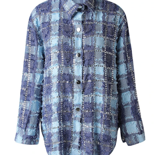 Load image into Gallery viewer, Women Blue Plaid Rhinestones Burr Big Size Blouse New Lapel Long Sleeve Shirt Fashion Tide Spring Autumn 2025 29L6766
