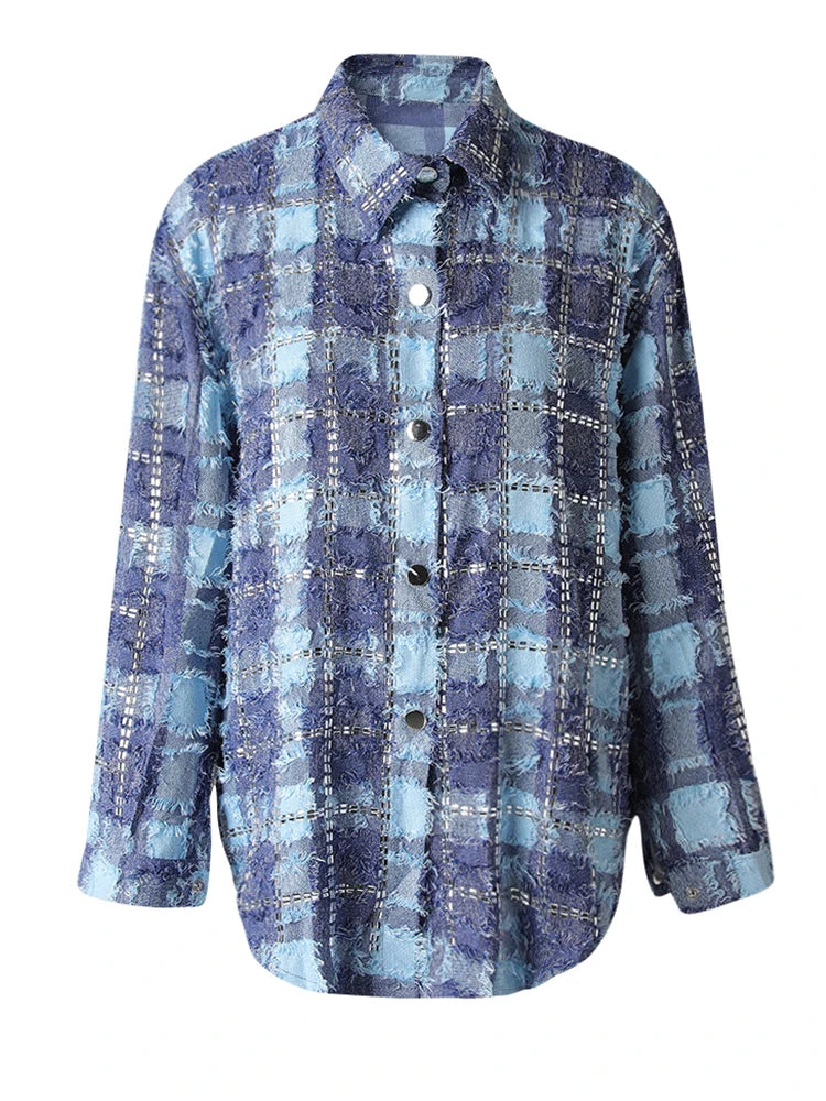 Women Blue Plaid Rhinestones Burr Big Size Blouse New Lapel Long Sleeve Shirt Fashion Tide Spring Autumn 2025 29L6766