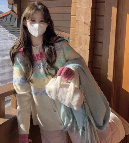 Sweet Y2k Aesthetic Casual Single Breasted Cardigans Women Autumn Jacquard Harajuku Tops Vintage Grunge Contrast Color Sweaters