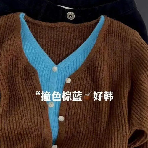 Load image into Gallery viewer, New 2024 Autumn Winter Women's Brown Blue Patchwork V Neck Cardigan Sweater Single Breasted Long Sleeve Fashion Versatile Tops
