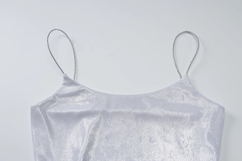 Sliver Spaghetti Strap Sexy Maxi Dress For Women Fashion Sparkle Sleeveless Backless Ruched Beach Club Sexy Long Dress