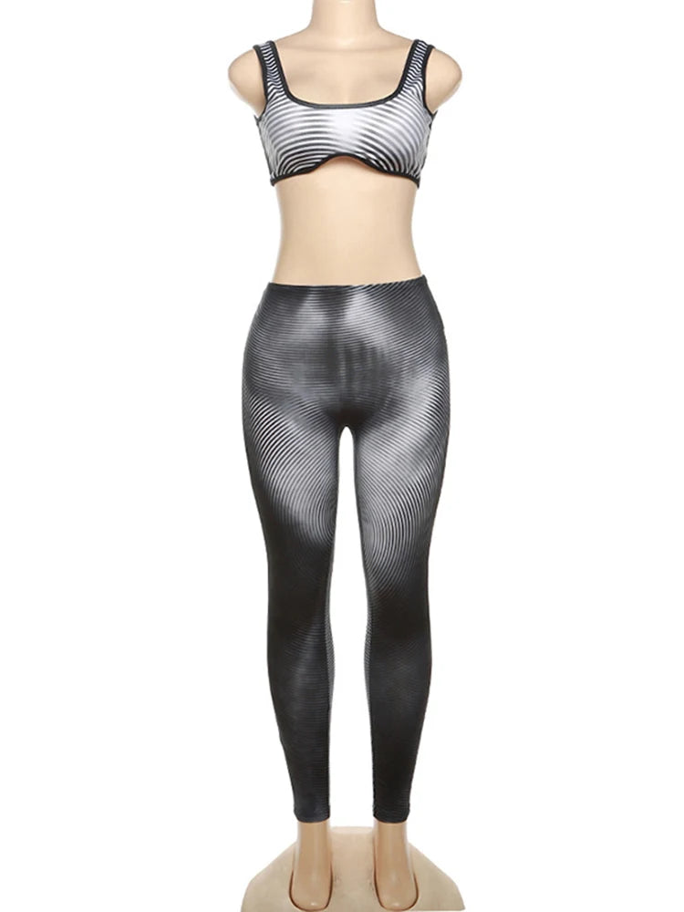 Women Fashion 2 Piece Matching Sets Tie Dye Sexy Slim Crop Tank Top Pants Autumn Casual Outfits Streetwear Sport Yoga