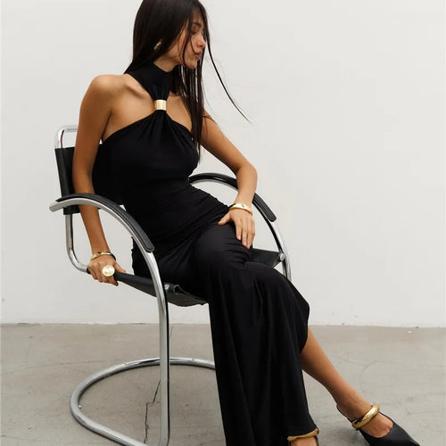 Load image into Gallery viewer, Turtleneck Off-shoulder Sexy Knit Maxi Dress For Women Gown Metal Buckle Strapless Sleeveless High Waist Knitted Dress
