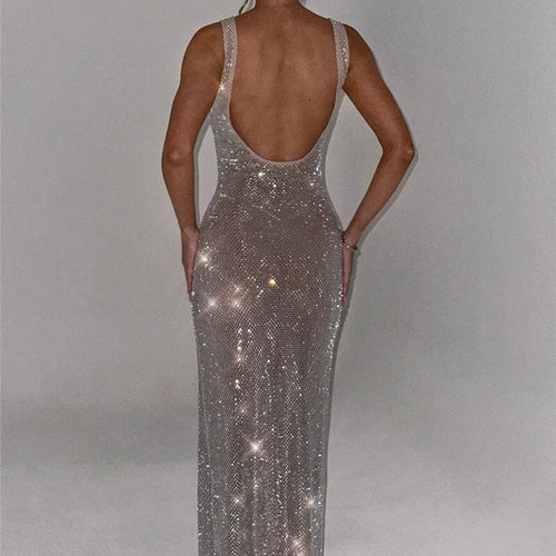 Load image into Gallery viewer, Sequins Backless Sexy Maxi Dress For Women Gown Fashion Sparkle Square Collar Sleeveless Bodycon Club Long Dress
