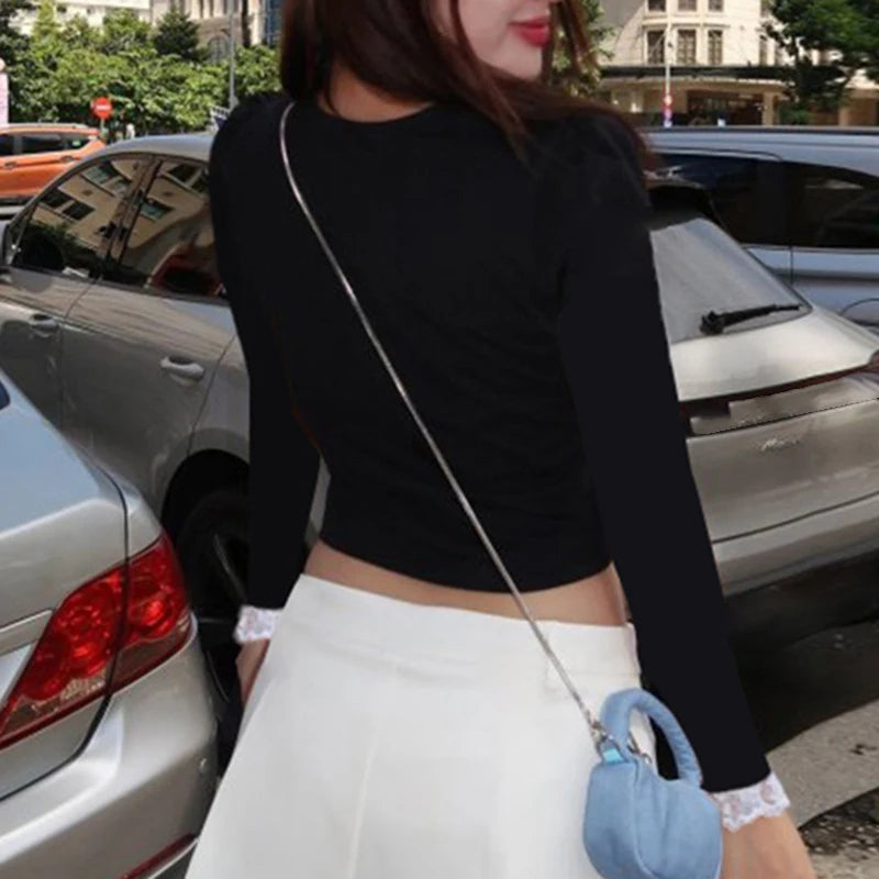 y2k Crop Top Women Aesthetic Clothes Lace Trim Patchwork Tie Front Long Sleeve Tee Shirt 2000s Clothing Streetwear