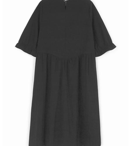 Women Black Pleated Brief Big Size Midi Dress New Round Neck Three-quarter Sleeve Fashion Spring Autumn 2025   1DJ0716