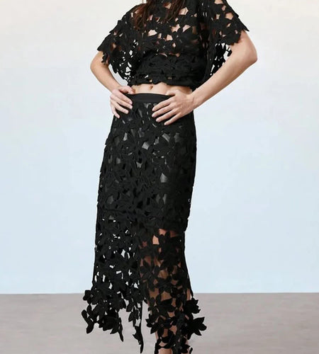 Solid Hollow Out Spliced Flower Two Piece Sets for Women Round Neck Short Sleeves Blouse High Waist Skirt Set Female