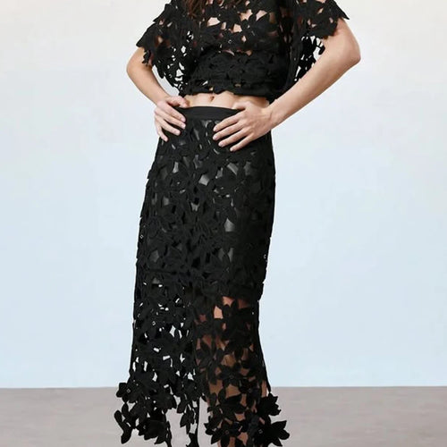 Load image into Gallery viewer, Solid Hollow Out Spliced Flower Two Piece Sets for Women Round Neck Short Sleeves Blouse High Waist Skirt Set Female
