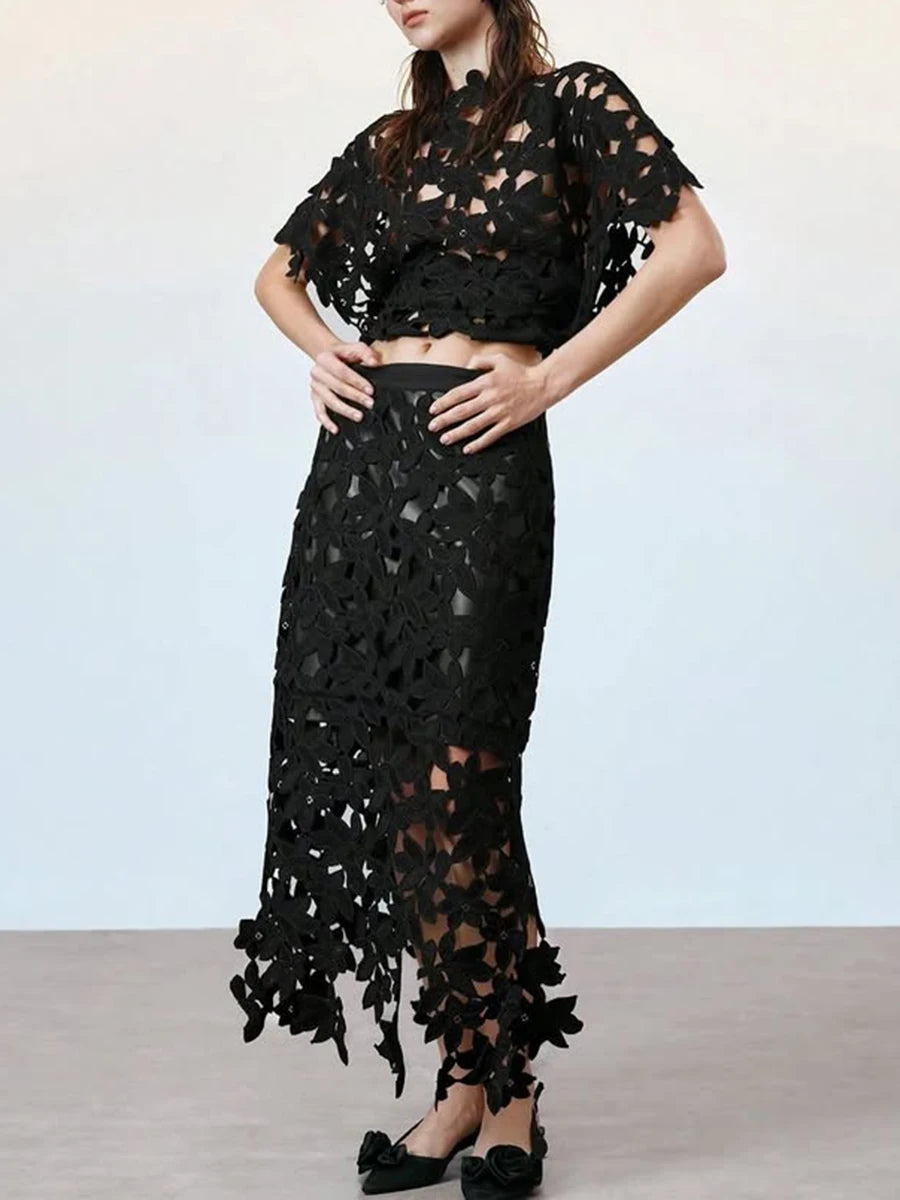 Solid Hollow Out Spliced Flower Two Piece Sets for Women Round Neck Short Sleeves Blouse High Waist Skirt Set Female