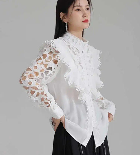 Women White Hollow Out Embroidery Vintage Blouse New Stand Collar Long Sleeve Shirt Fashion Spring Autumn 2025 1DH3997