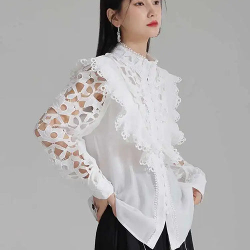 Load image into Gallery viewer, Women White Hollow Out Embroidery Vintage Blouse New Stand Collar Long Sleeve Shirt Fashion Spring Autumn 2025 1DH3997
