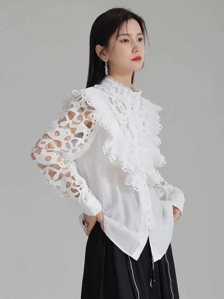 Women White Hollow Out Embroidery Vintage Blouse New Stand Collar Long Sleeve Shirt Fashion Spring Autumn 2025 1DH3997