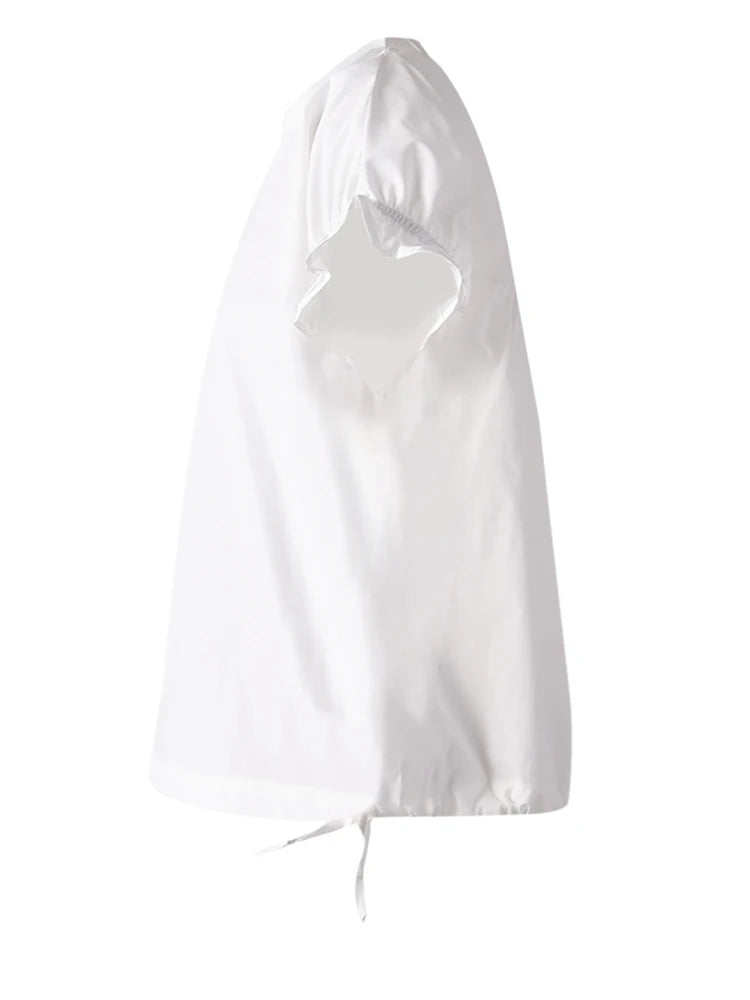 Women White Ruffles Bandage Big Size Blouse New Round Neck Short Sleeve Shirt Fashion Tide Spring Summer 2025 CPG3168