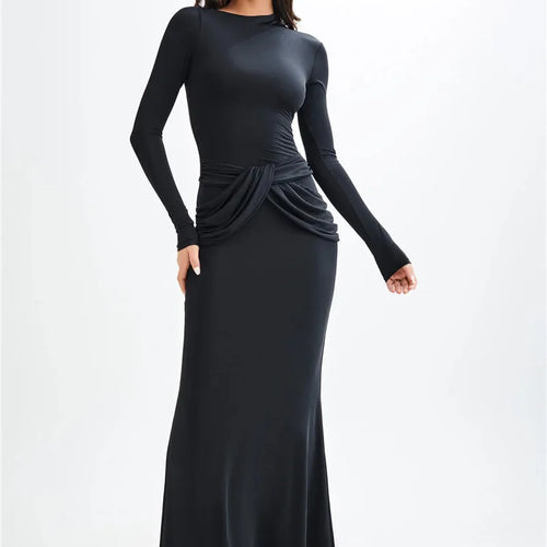 Load image into Gallery viewer, Diagonal Collar Long Sleeve Maxi Dress For Women Autumn Winter New Solid High Waist Ruched Bodycon Sexy Long Dress
