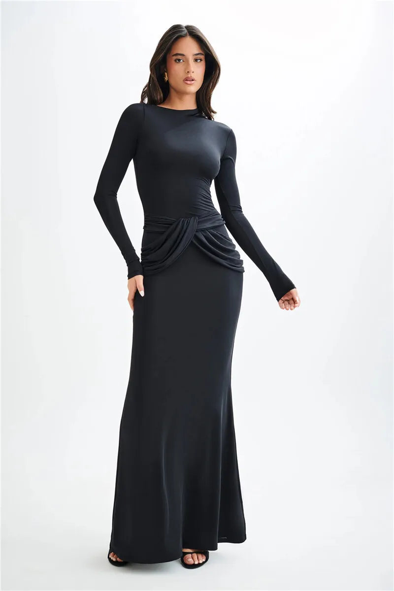 Diagonal Collar Long Sleeve Maxi Dress For Women Autumn Winter New Solid High Waist Ruched Bodycon Sexy Long Dress