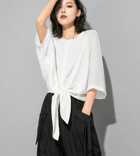 Women White Hem Bandage Big Size T-shirt New Round Neck Three-quarter Sleeve Fashion Tide Spring Autumn 2025 1DJ1828