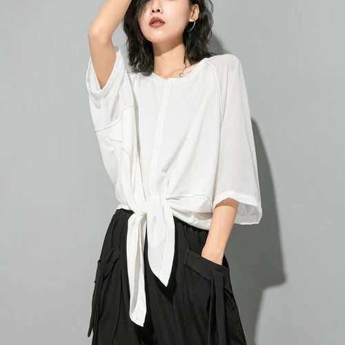 Load image into Gallery viewer, Women White Hem Bandage Big Size T-shirt New Round Neck Three-quarter Sleeve Fashion Tide Spring Autumn 2025 1DJ1828
