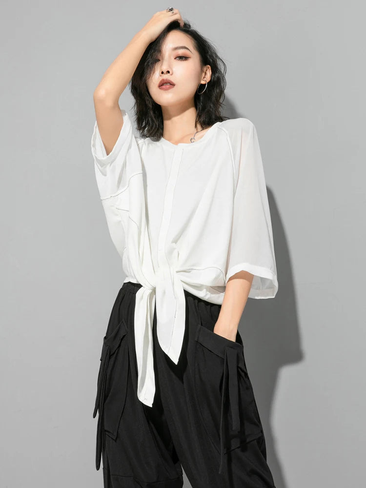 Women White Hem Bandage Big Size T-shirt New Round Neck Three-quarter Sleeve Fashion Tide Spring Autumn 2025 1DJ1828