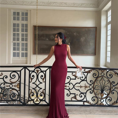 Load image into Gallery viewer, Half High Collar Sleeveless Knit Maxi Dress For Women Fashion Solid Bodycon Sexy Pleated Long Knitted Sweater Dress
