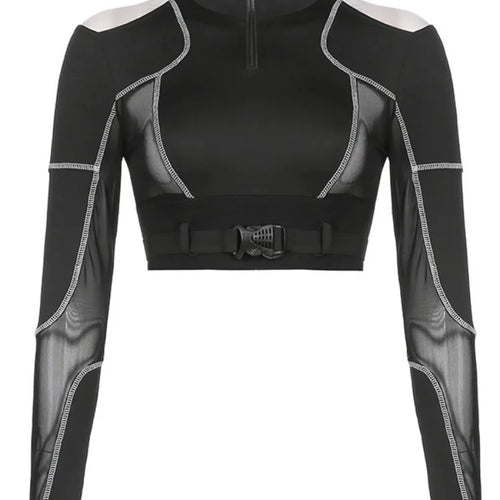 Load image into Gallery viewer, Grunge Patchwork Gauze Harajuku Crop Tops Women Y2k Aesthetic Zipper Slim Fit Tees Streetwear Vintage Fairy Hollow Out T-shirts
