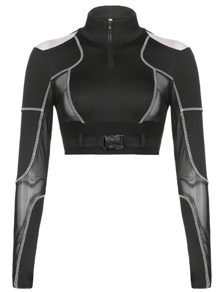 Grunge Patchwork Gauze Harajuku Crop Tops Women Y2k Aesthetic Zipper Slim Fit Tees Streetwear Vintage Fairy Hollow Out T-shirts