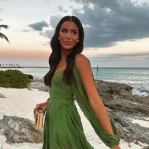 Load image into Gallery viewer, Elegant Long Sleeved Mesh Transparent Pleated Dress For Women Sexy Deep V Backless Double Layered Mini Skirt Party Beach
