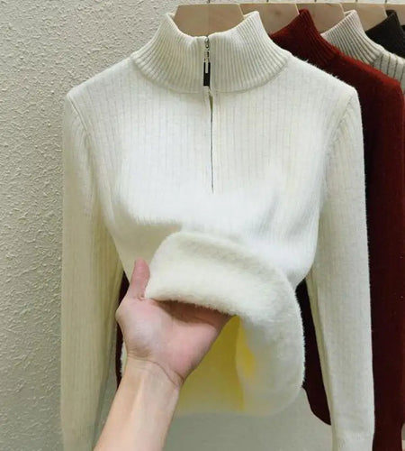 Simplicity 2024 Autumn Winter Solid Velvet Elegant Festival Sweater Korean Fashion Women Long Sleeve Half Zipper Knit Tops Thick