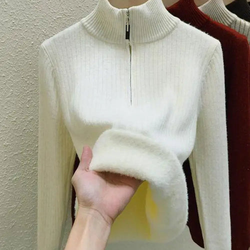 Load image into Gallery viewer, Simplicity 2024 Autumn Winter Solid Velvet Elegant Festival Sweater Korean Fashion Women Long Sleeve Half Zipper Knit Tops Thick
