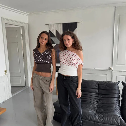 Load image into Gallery viewer, Backless Polka Dot Crop Tops Women Vest Fashion Summer New Oblique Shoulder Sleeveless Tank Tops Pullovers Female
