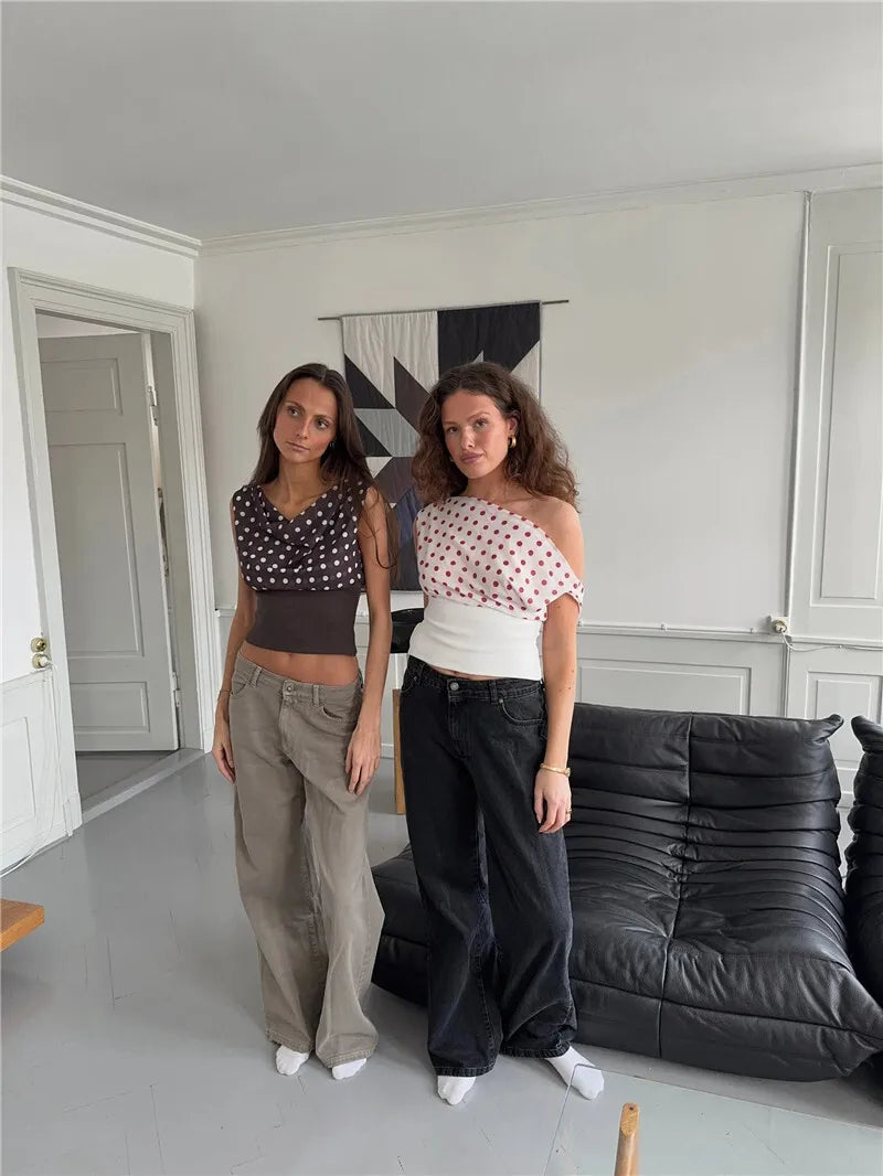 Backless Polka Dot Crop Tops Women Vest Fashion Summer New Oblique Shoulder Sleeveless Tank Tops Pullovers Female