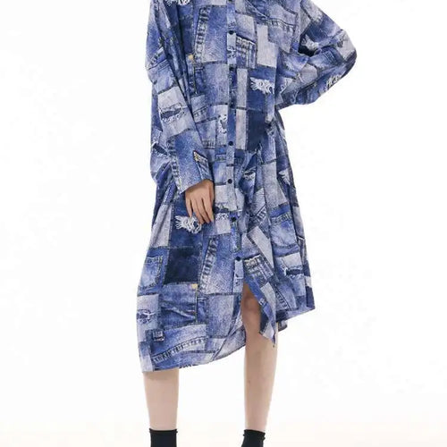 Load image into Gallery viewer, Women Blue Printed Big Size Midi Shirt Dress New Lapel Long Sleeve Loose Fit Fashion Tide Spring Autumn 2025 1DH0515
