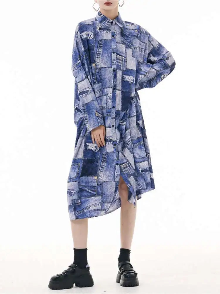 Women Blue Printed Big Size Midi Shirt Dress New Lapel Long Sleeve Loose Fit Fashion Tide Spring Autumn 2025 1DH0515