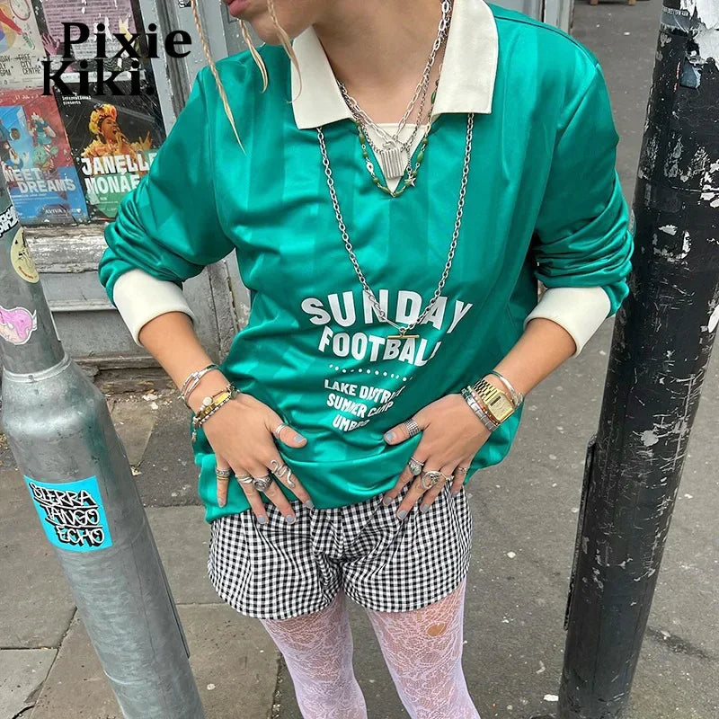 Y2k Graphic Tee Women Green Striped Letter Print Oversized T Shirts Vintage Long Sleeve Tops Autumn 2024 P85-CG29