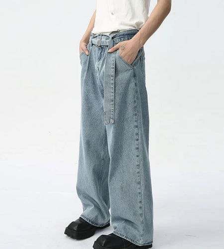 Men's Elastic Waist Jeans Korean Style Ribbon Decoration Fashion Trend Relaxed Casual Male Denim Pants 9C5601