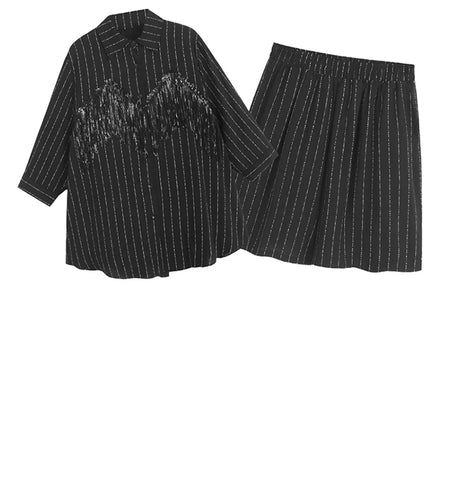 Tassels Striped Shirt Wide Leg Shorts Two Piece Suit New Lapel Long Sleeve Women Fashion Tide Spring Autumn 2025 1DJ1226