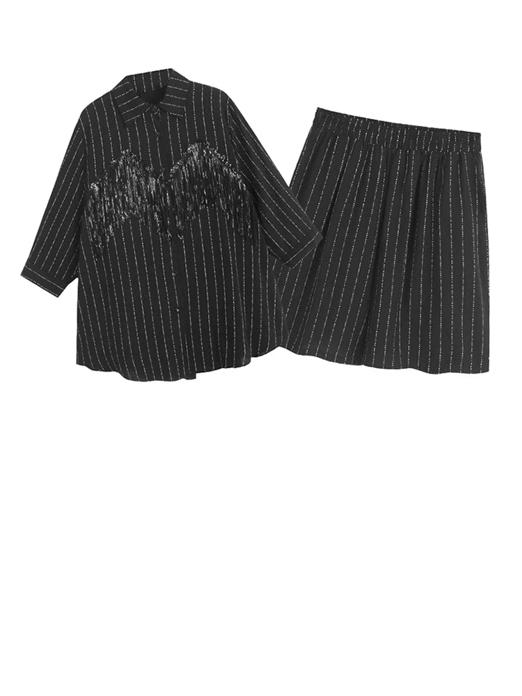 Tassels Striped Shirt Wide Leg Shorts Two Piece Suit New Lapel Long Sleeve Women Fashion Tide Spring Autumn 2025 1DJ1226