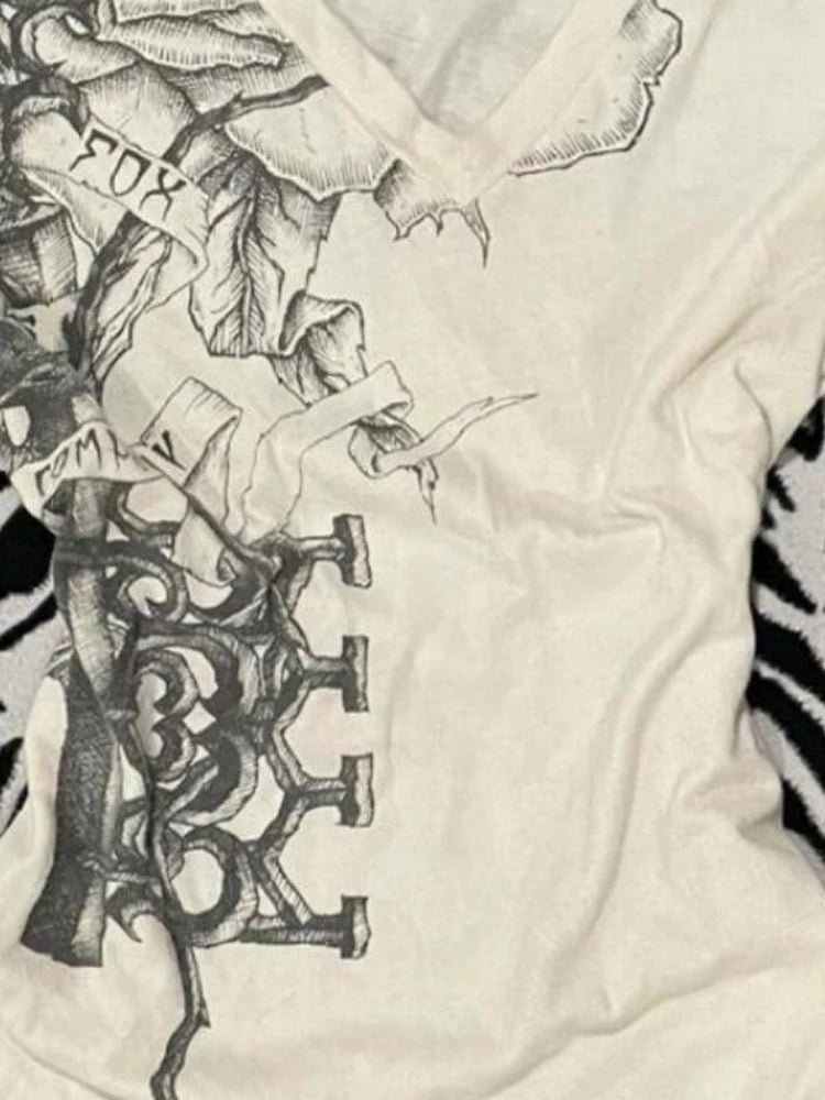 Y2k Aesthetic White Printing Punk Fairy Tshirts Harajuku Women Casual Bodycon Vintage Tees 2025 Summer Grunge Streetwear Tops
