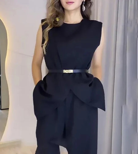 Women White Elegant Shirts with Belt 2025 Summer Loose Sleeveless O-neck Black Chic Split-front Urban Blouse Tops