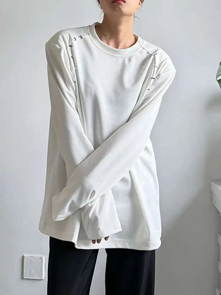 Women White Shouder Padded Big Size T-shirt New Round Neck Long Sleeve  Loose Fit Tees Fashion Spring Autumn 2025 1DH2633